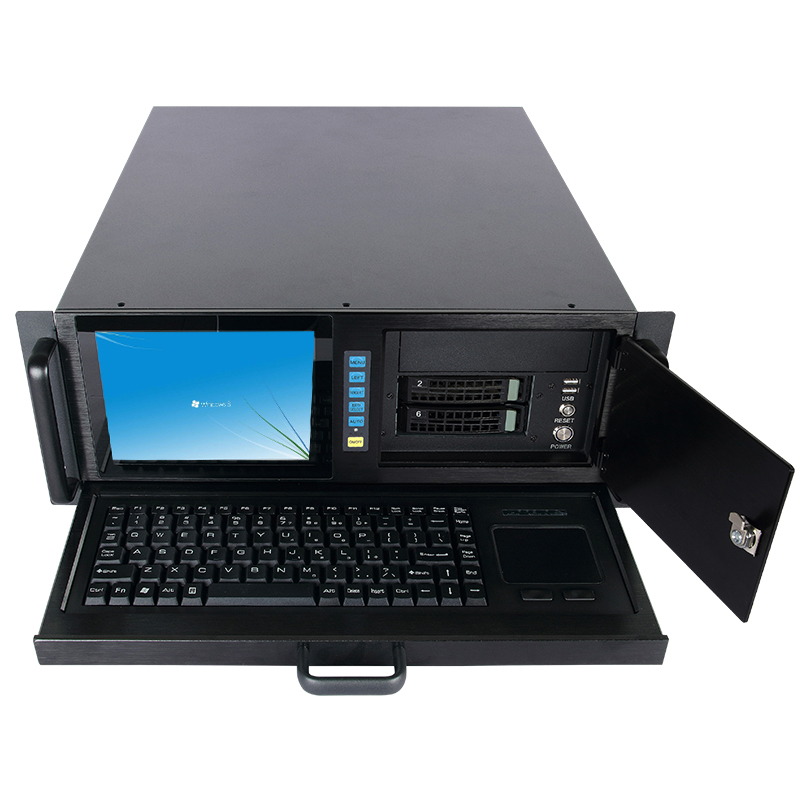 4U hot-swappable storage server chassis with dual hard drive bays and keyboard