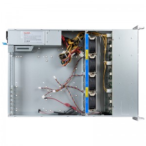 2U server chassis comes standard with 4 8038 hot-swappable fan backplanes supporting SATA/SAS/NVME