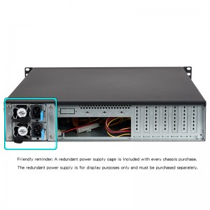 2U server chassis front panel with lock and redundant power supply cage